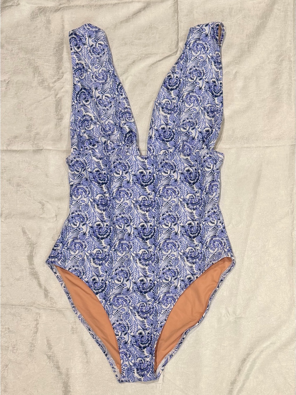 J.Crew Re-Imagined Blue White Floral Paisley Plunge One Piece Swimsuit Size 8 - Picture 1 of 5
